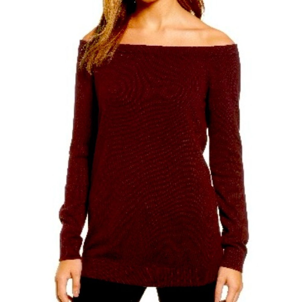 Halogen Deep Burgundy Long Sleeve Cotton Blend Off the Shoulder Sweater